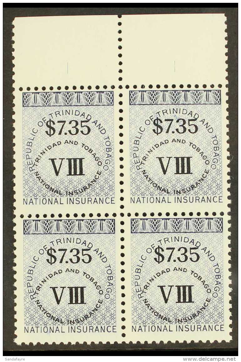 REVENUES NATIONAL INSURANCE 1990 $7.35 Class VIII Error In Dark Blue, Barefoot 14, Never Hinged Mint BLOCK OF 4.... - Trinidad En Tobago (...-1961)