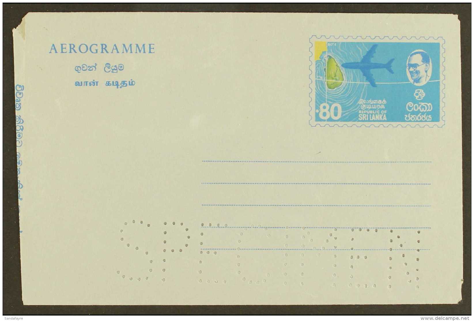 AEROGRAMME SPECIMEN Circa 1972 80c Aeroplane Over Island, Large Perfin "SPECIMEN" H&amp;G FG29, Clean &amp; Fine.... - Sri Lanka (Ceylon) (1948-...)