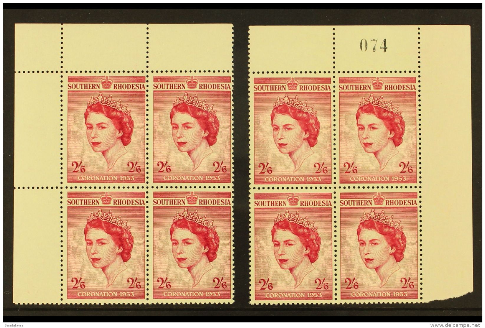 1953 Coronation 2s6d, Top Left &amp; Right Corner Blocks Of 4, Right With Sheet Number In Margin, SG 77, Never... - Rhodésie Du Sud (...-1964)