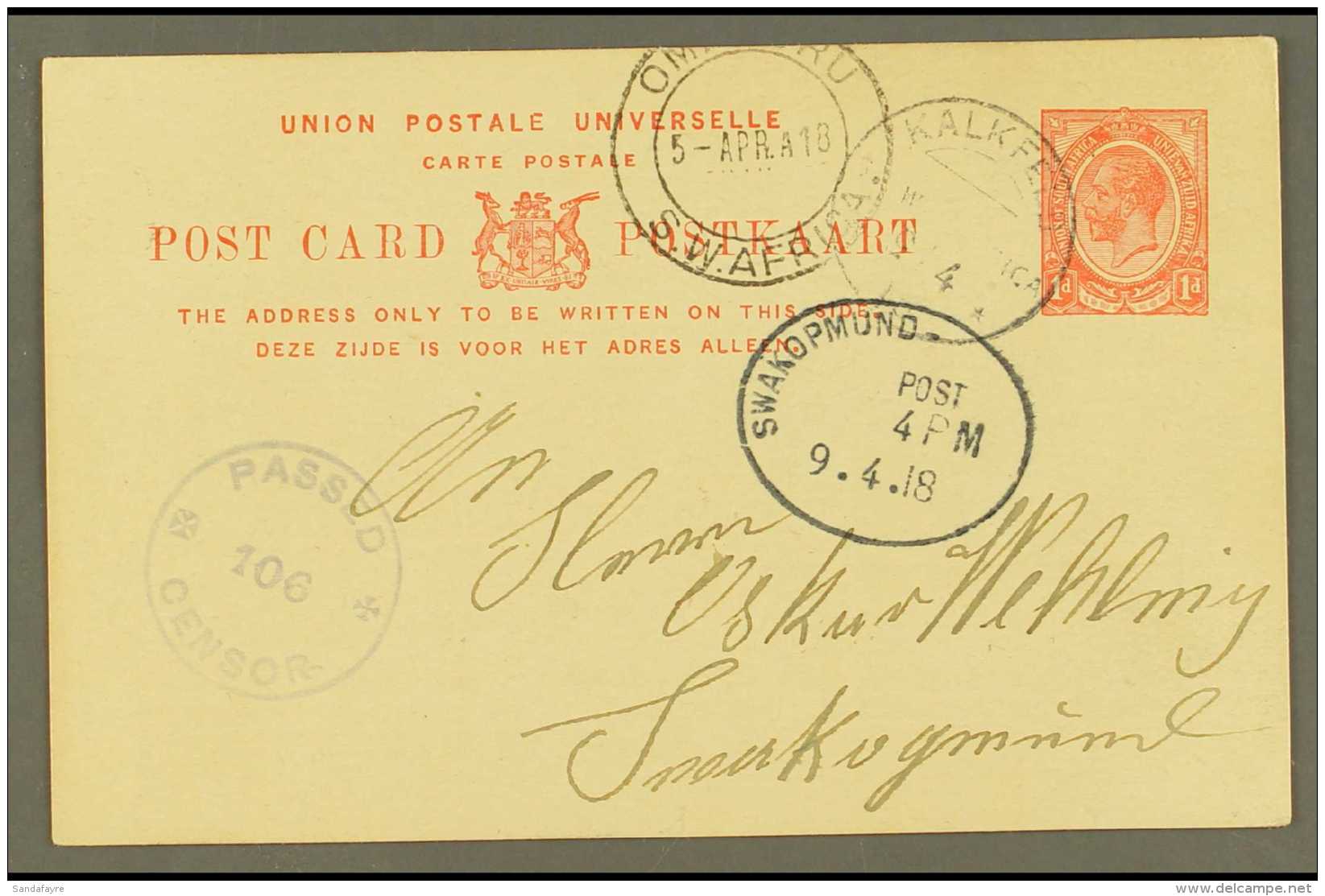 1918 (4 Apr) 1d Union Postal Card To Swakopmund Cancelled By "KALKFELD" Cds Postmark, Putzel Type 2, Part... - Afrique Du Sud-Ouest (1923-1990)