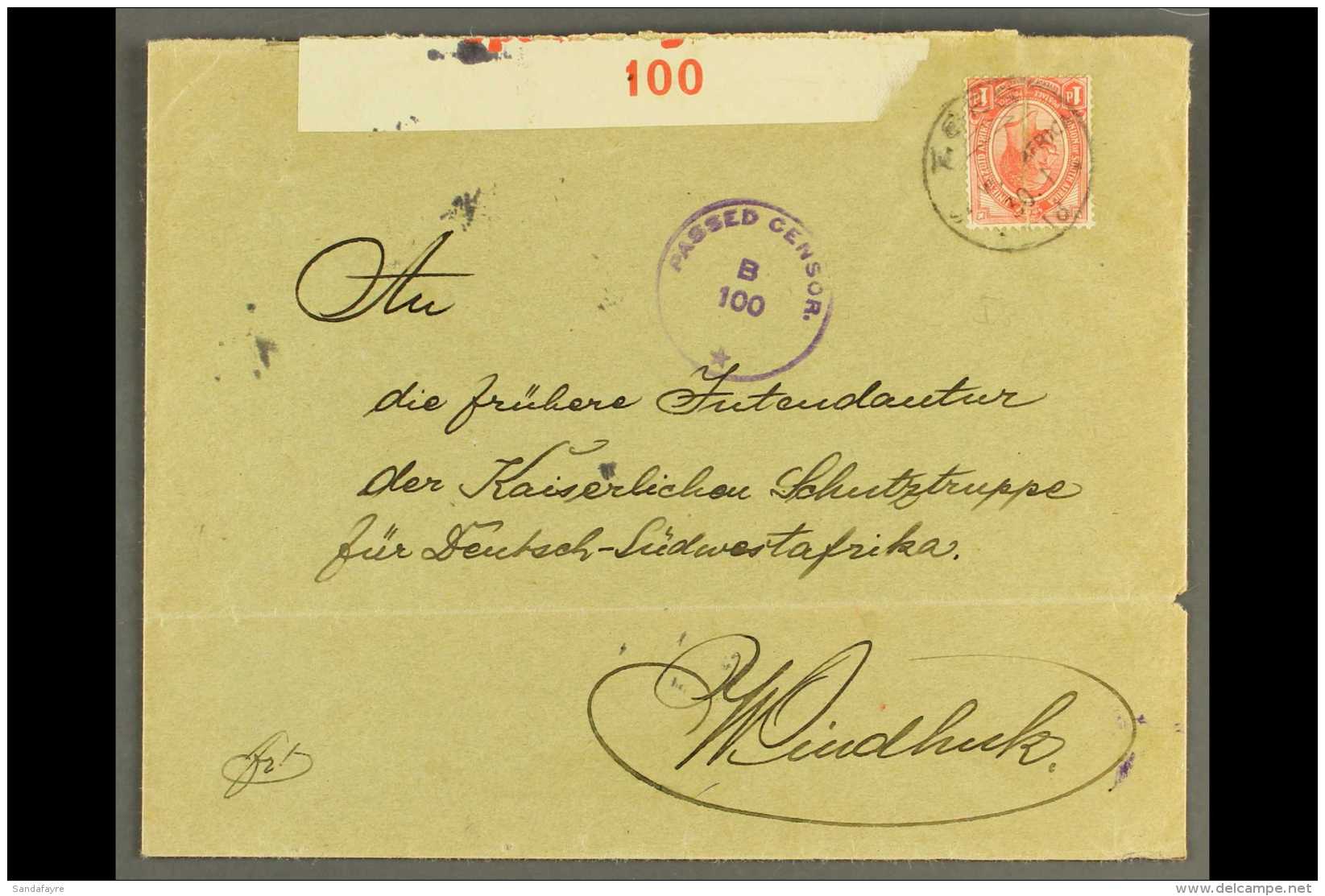 1918 (30 Jan) Cover To Windhuk Bearing 1d Union Stamp (fault) Tied By "TSES" Cds Cancel, Putzel Type B5 Oc, Violet... - Africa Del Sud-Ovest (1923-1990)