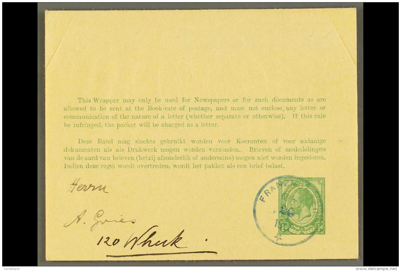 1917 (June) &frac12;d Green On Buff Postal Wrapper To Windhuk Showing A Very Fine "FRANZFONTEIN" Cds Postmark In... - Afrique Du Sud-Ouest (1923-1990)