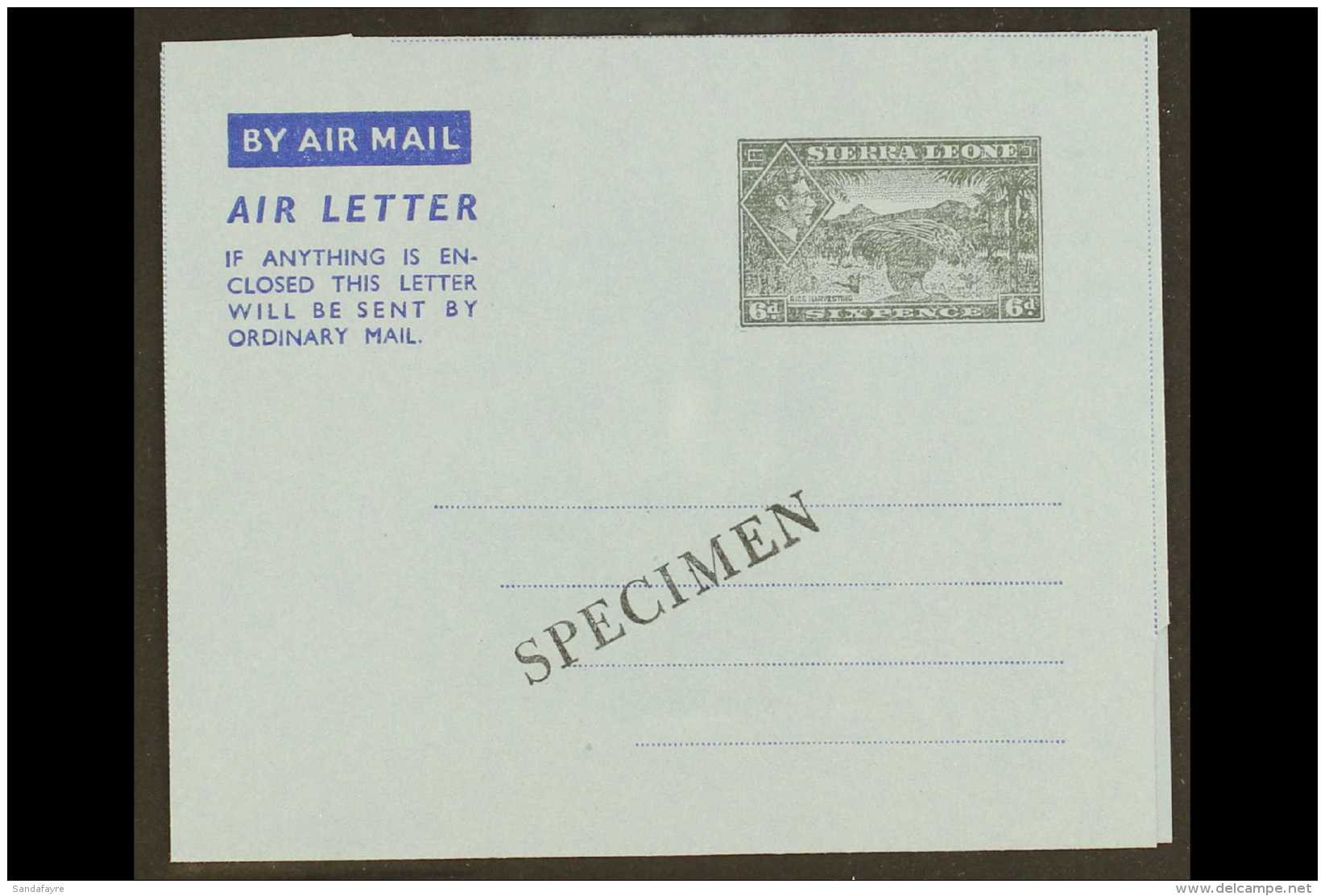 AEROGRAMME 1951 KGVI 6d Grey &amp; Blue On Blue, "SPECIMEN" Overprint, H&amp;G FG2, Unused, Clean &amp; Fine. For... - Sierra Leone (...-1960)