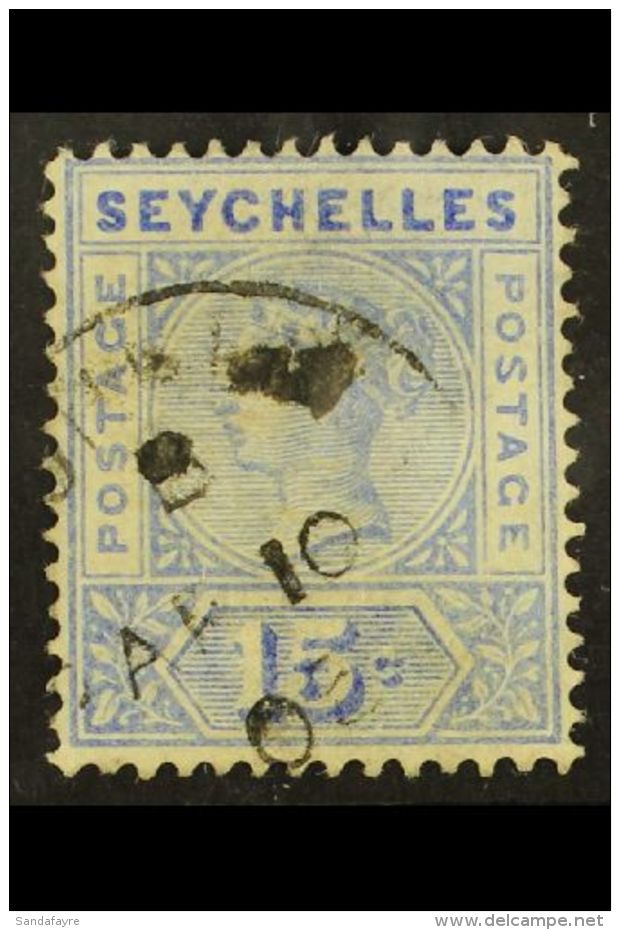 1897-1900 15c Ultramarine, Repaired "S", SG 30, Fine Cds Used. For More Images, Please Visit... - Seychelles (...-1976)