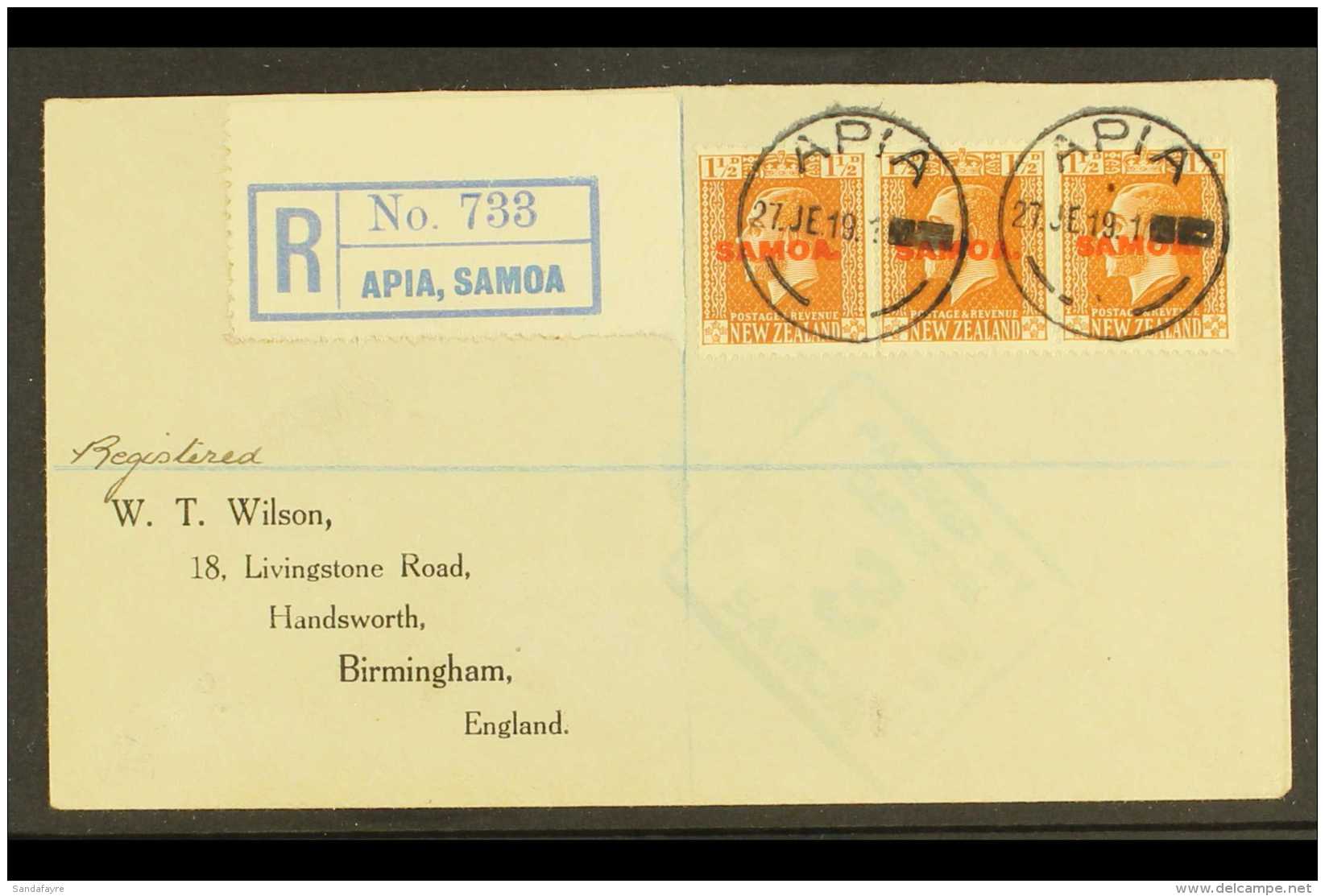1922 Registered Cover To Birmingham Bearing Strip Of Three 1&frac12;d Orange Browns (SG 136) Tied Neat Apia Cds... - Samoa (Staat)