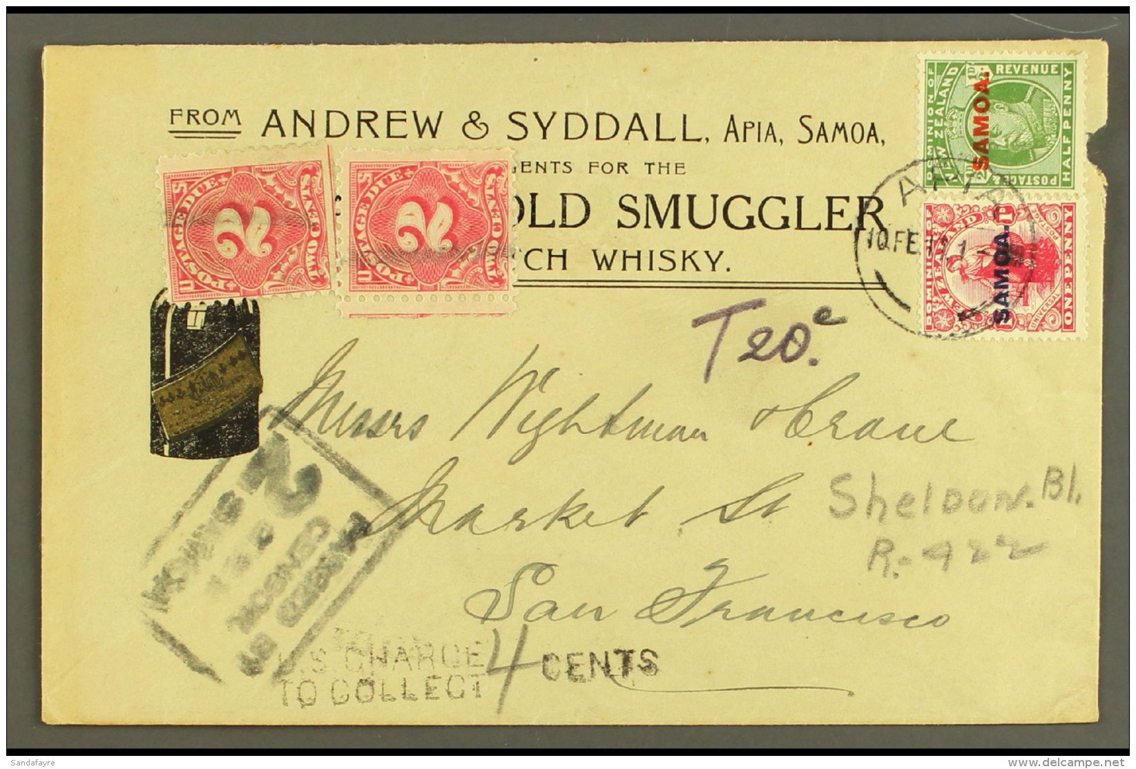 1917 SUPERB ILLUSTRATED ADVERTISING COVER For "Andrew &amp; Syddall, Apia / Agents For / Gaelic Old Smuggler... - Samoa
