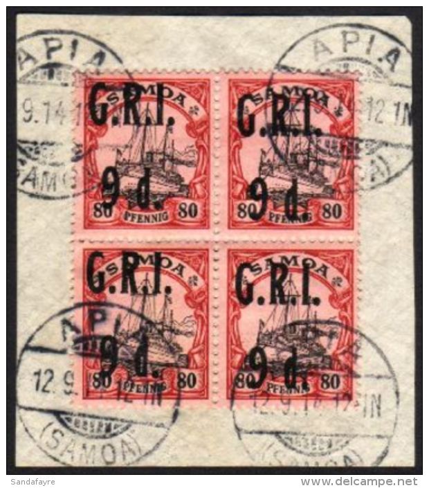 1914 (3 Sept) "G.R.I." Surcharge 9d On 80pf Black And Carmine/rose, SG 109, Very Fine Used BLOCK OF FOUR, On Piece... - Samoa (Staat)
