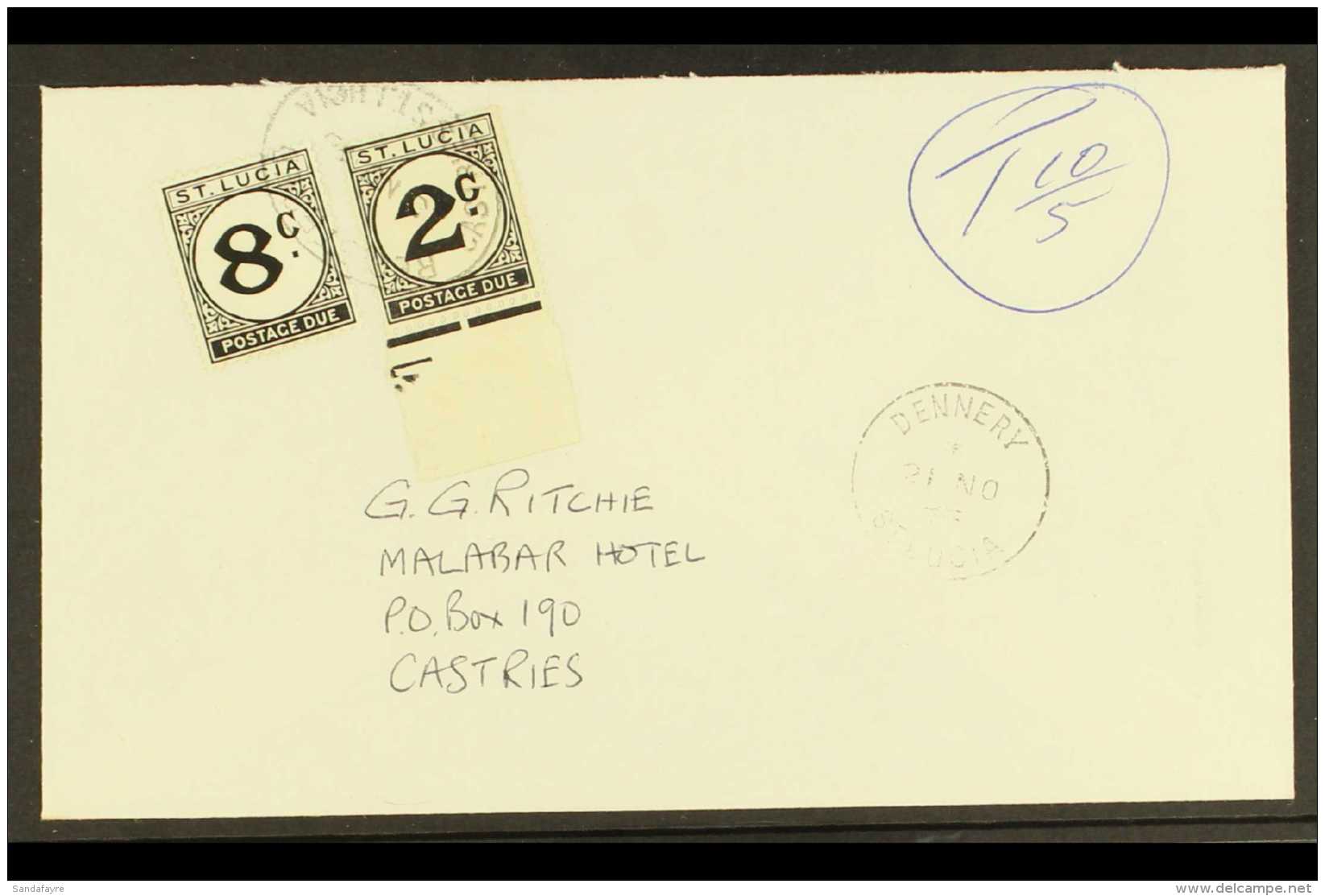 POSTAGE DUES 1975 (21 Nov) Cover Addressed Locally &amp; Posted Without Stamps, Bearing 1952 8c &amp; 1965 2c... - St.Lucia (...-1978)