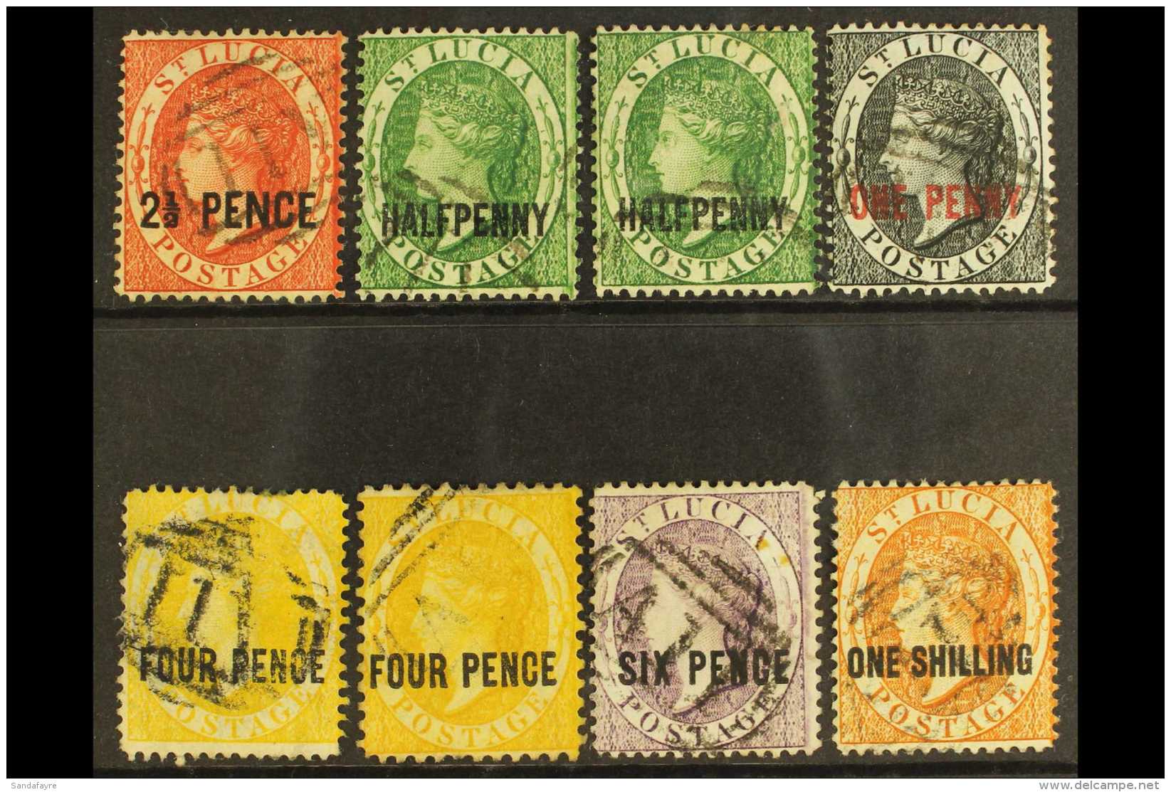 1881-84 USED SURCHARGE SELECTION On A Stock Card. Includes 1881 2&frac12;d CC Wmk, 1882-84 Set With &frac12;d... - St.Lucia (...-1978)