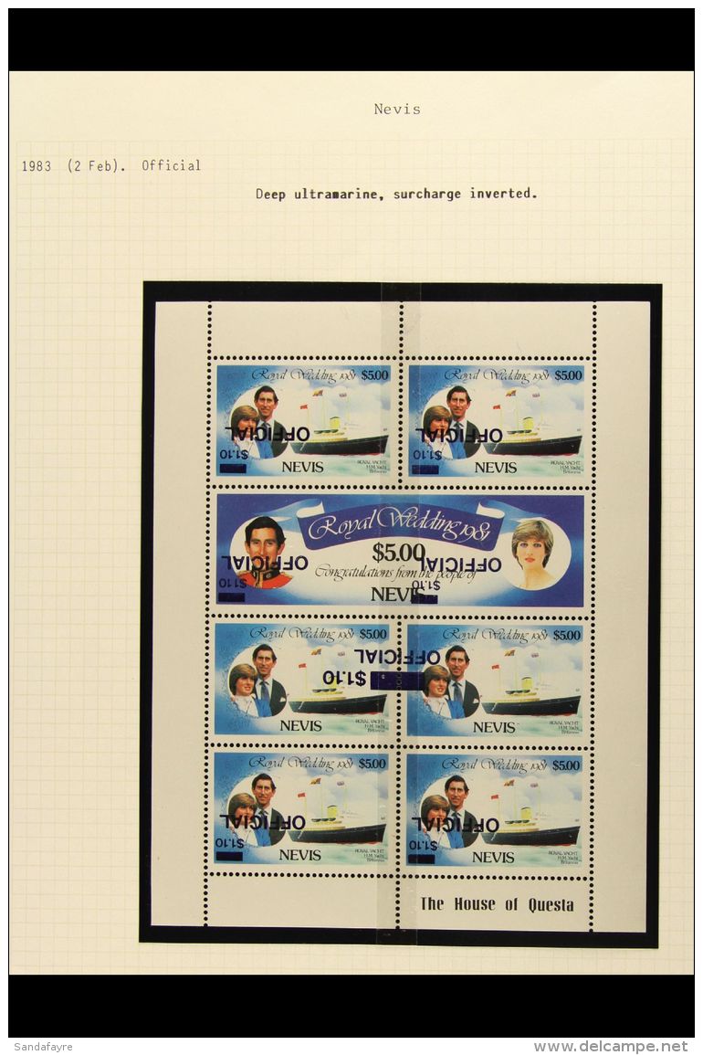 OFFICIALS 1983 Royal Wedding Overprints $1.10 On $5 Complete Sheetlet Of Seven Stamps With INVERTED SURCHARGES In... - St.Cristopher-Nevis & Anguilla (...-1980)