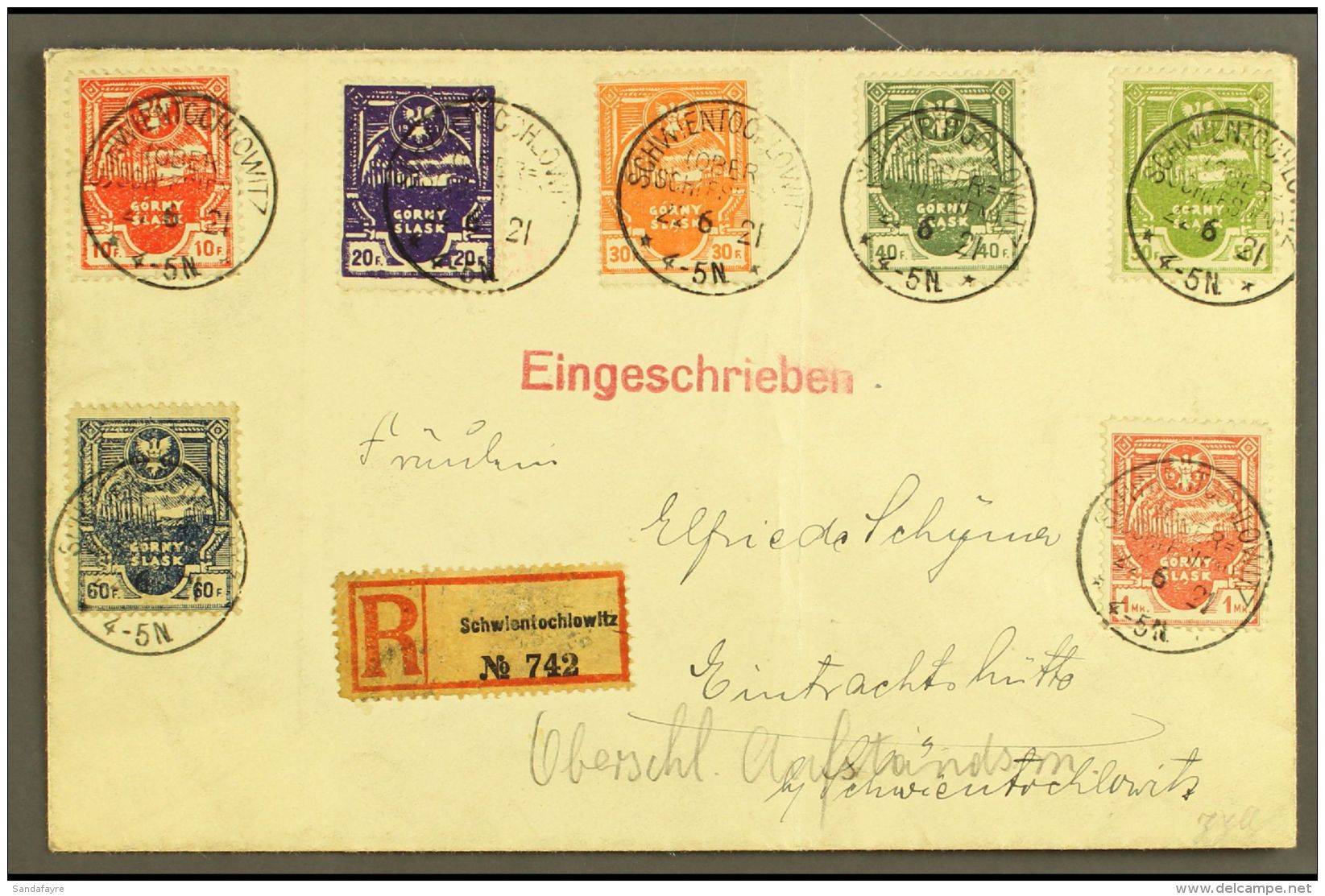 GORNY SLASK (UPPER SILESIA) 1921 (22 June) Registered Cover Bearing 1921 Local Insurgency Complete Perf Set... - Autres & Non Classés