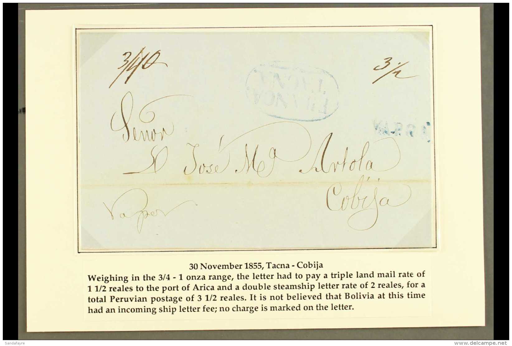 1855 ENTIRE LETTER TO BOLIVIA 1855 (30 NOV) EL From Tacna To Cobija Showing 3&frac12;r In Manuscript For The... - Pérou