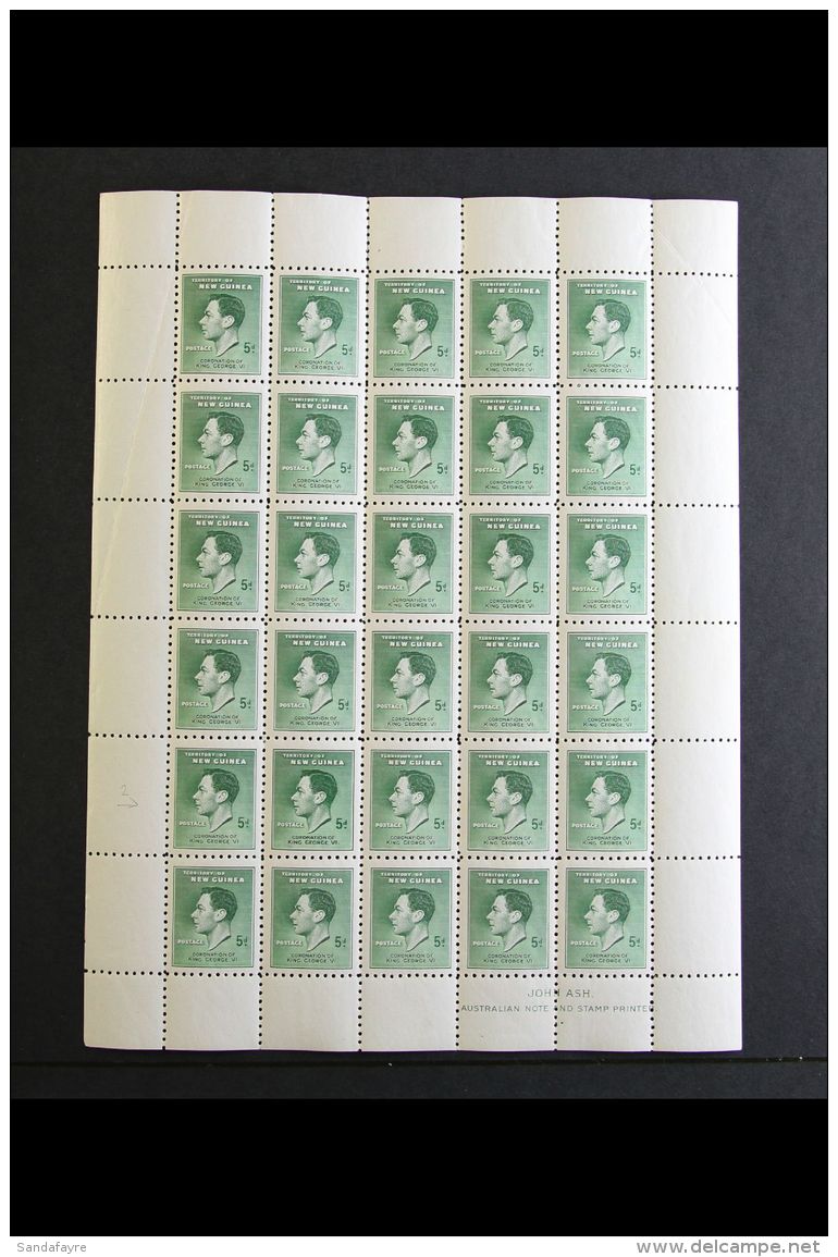 1937 5d Green Coronation, SG 210, A Complete Never Hinged Mint Sheet Of Twenty Five From Plate 2a Showing The... - Papua Nuova Guinea