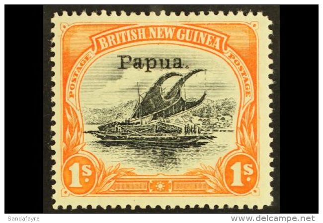 1907 1s Black &amp; Orange Lakatoi Small "Papua" Overprint Watermark Vertical Line Perf, SG 44, Fine Mint, Very... - Papua Nuova Guinea