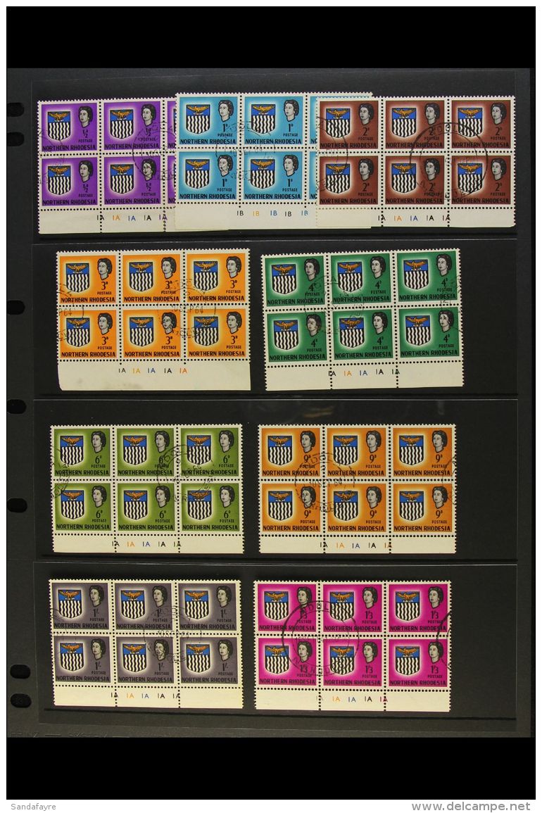 1963 Complete Definitive Set In (mostly) Cylinder 1A Blocks Of 6 Or 4 For Top Values, SG 75/88, VFU With Neat,... - Rhodésie Du Nord (...-1963)