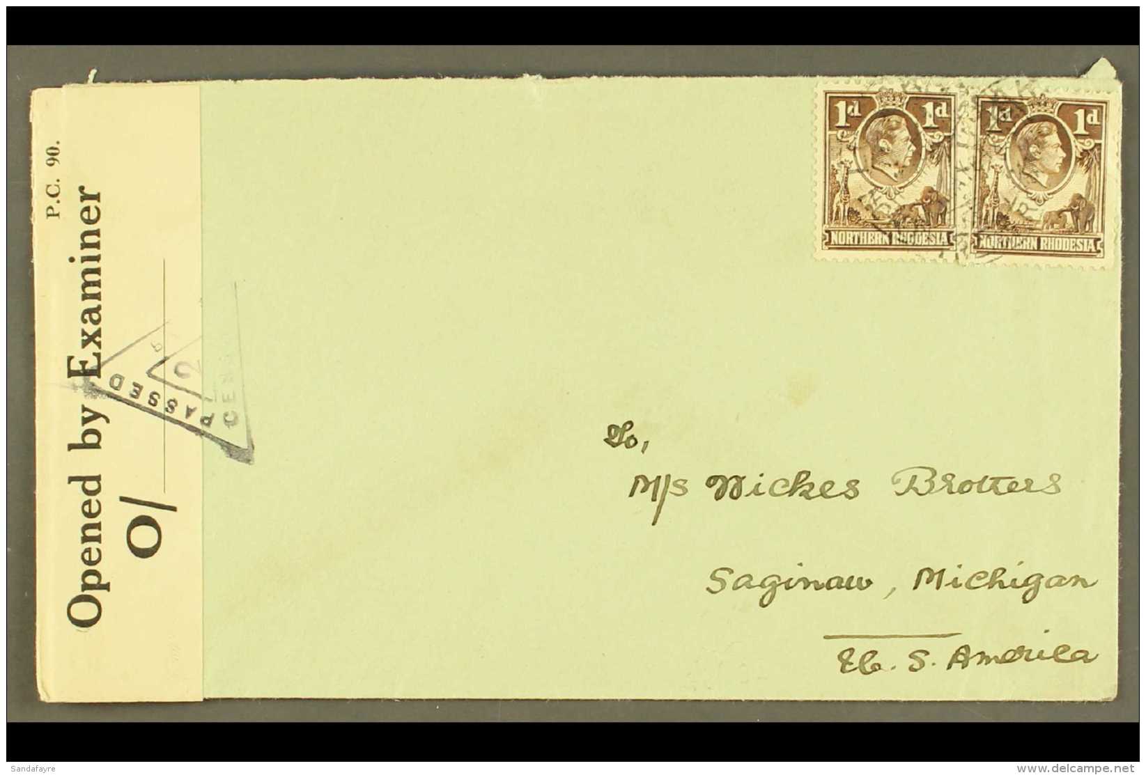 1942 (March) Envelope To USA, Bearing 1d Brown Pair, Tied Luasaka Cds's, And At Left Opened By Examiner Reseal... - Rhodésie Du Nord (...-1963)