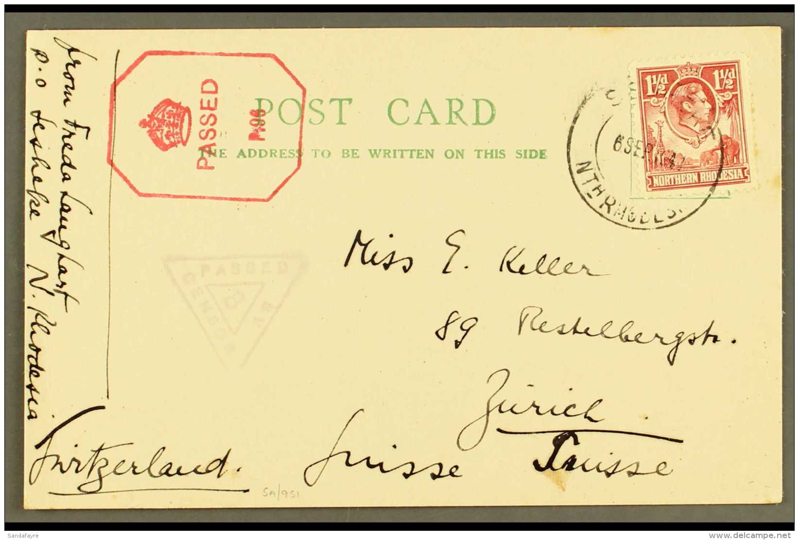 1941 (Sept) Postcard To Switzerland, Bearing 1&frac12;d Carmine Tied Sesheke Cds, Triangular "PASSED BY CENSOR/8"... - Rhodésie Du Nord (...-1963)