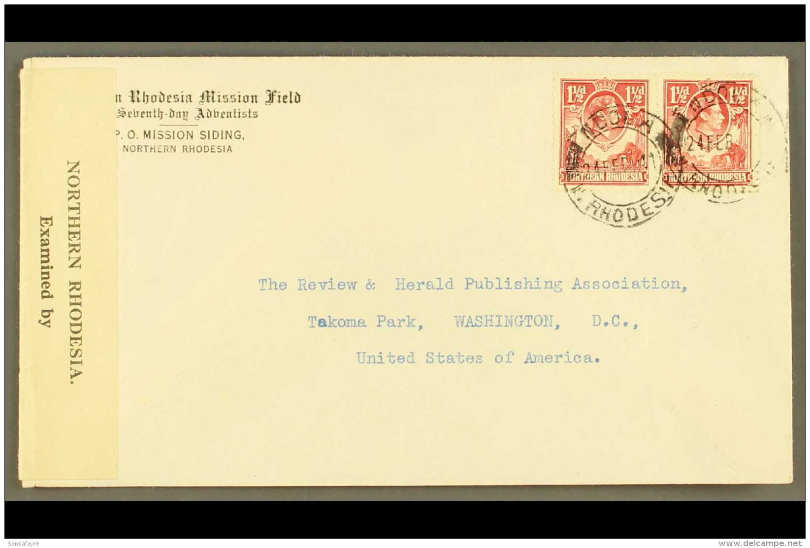 1941 (Feb) Printed Seventh Day Adventists, Mission Siding Envelope To USA, Bearing 1&frac12;d Carmine Pair Tied By... - Rhodésie Du Nord (...-1963)