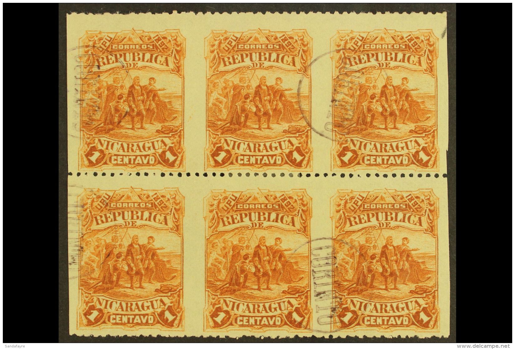 1892 1c Yellow Brown "Columbus" (Scott 40, SG 47) BLOCK OF SIX (3 X 2) Imperf Vertically, Very Fine Used. For More... - Nicaragua