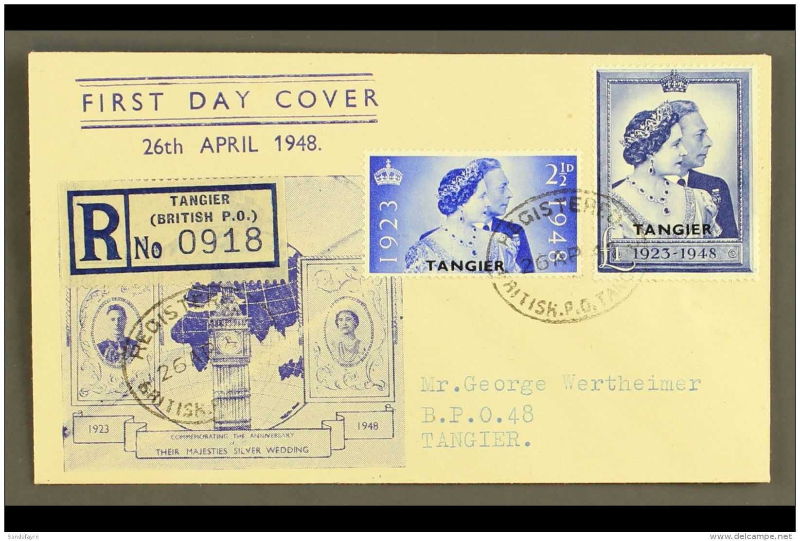 TANGIER 1948 Royal Silver Wedding Complete Set, SG 255/256, On Illustrated Registered First Day Cover Tied By Fine... - Altri & Non Classificati