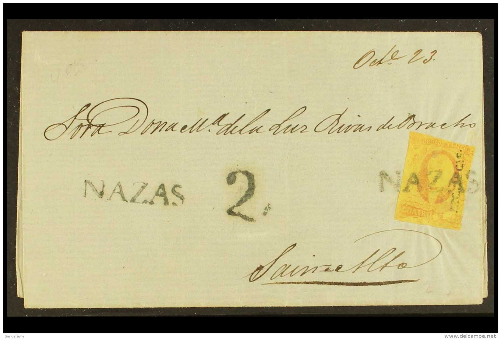 ZACATECAS DISTRICT Cover From Nazas To Sain Alto Bearing 1861 4r Dull Rose On Yellow Paper (Scott 10), Tied By... - Messico