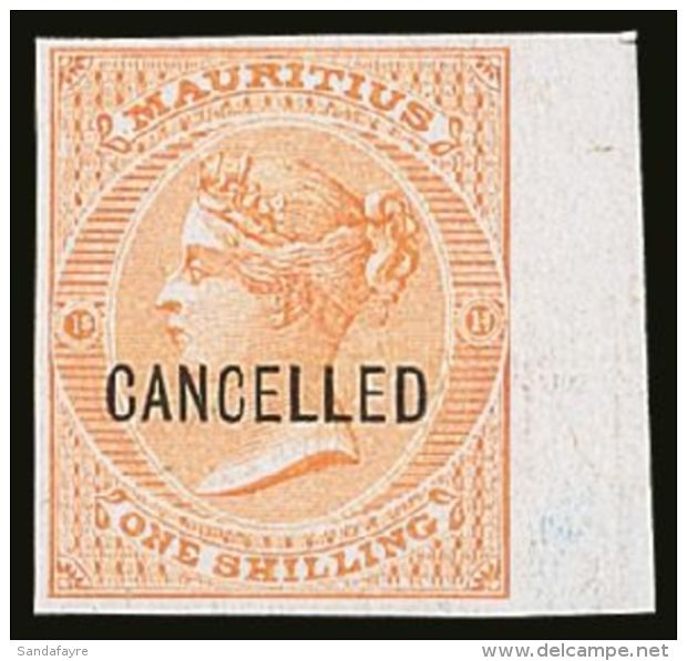 1863 1s Yellow De La Rue (SG 68) IMPERFORATE PROOF OPT'D "CANCELLED" On White Card With 4 Good Margins (selvage At... - Maurice (...-1967)