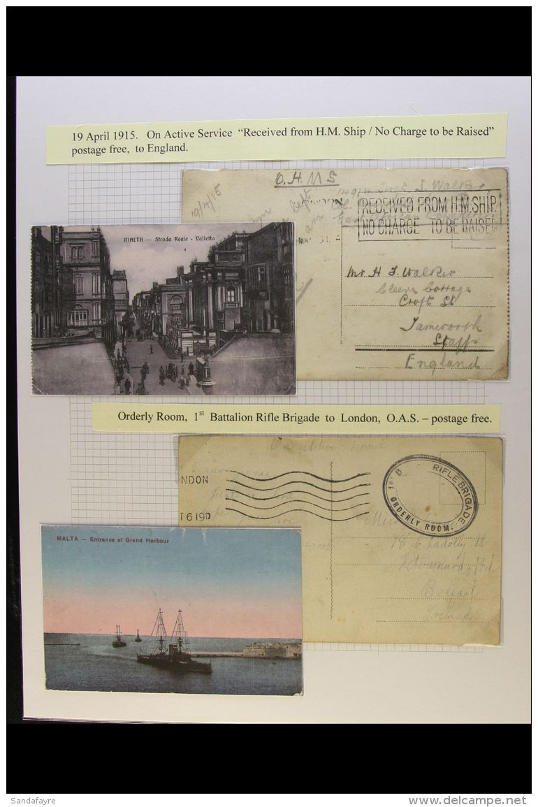 1914-1920 FORCES MAIL. An Interesting Collection Of Stampless 'On Active Service' Used Postcards &amp; Covers... - Malta (...-1964)