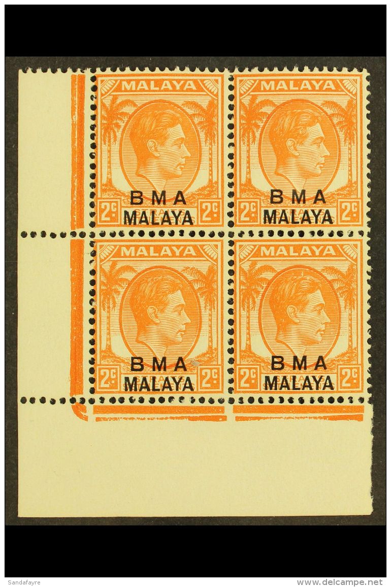 1945-48 2c Orange Die I, SG 3, Superb Never Hinged Mint CORNER BLOCK OF FOUR. For More Images, Please Visit... - Malaya (British Military Administration)