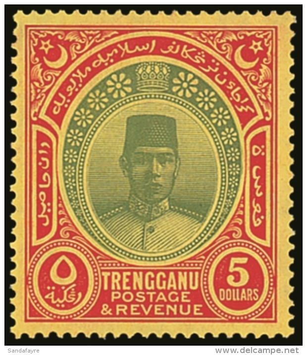 TRENGGANU 1921-41 $5 Green And Red/yellow, Watermark Mult Script CA, SG 44, Very Fine Lightly Hinged Mint. For... - Altri & Non Classificati