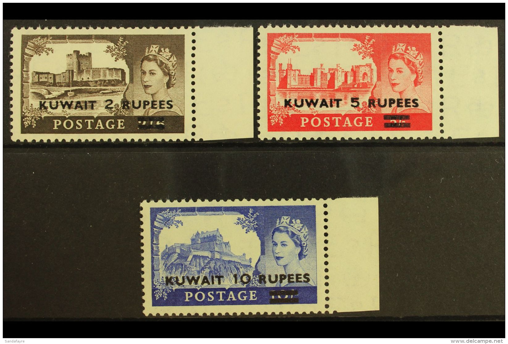 1955-57 Castles High Values Type II Overprint Set, SG 107a/09a, Never Hinged Mint. Lovely Right Marginal Examples.... - Kuwait