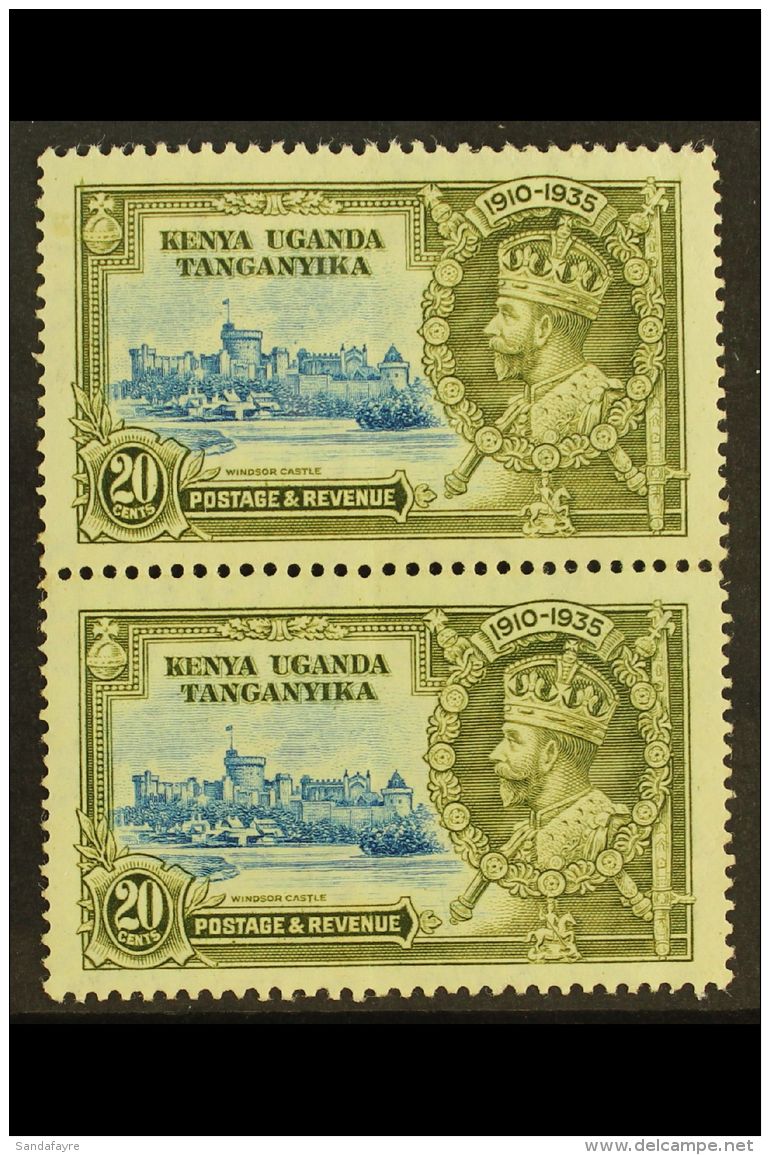 1935 20c Light Blue And Olive, Silver Jubilee Variety "Dot To Left Of Chapel", SG 124g, In Mint Vertical Pair With... - Vide