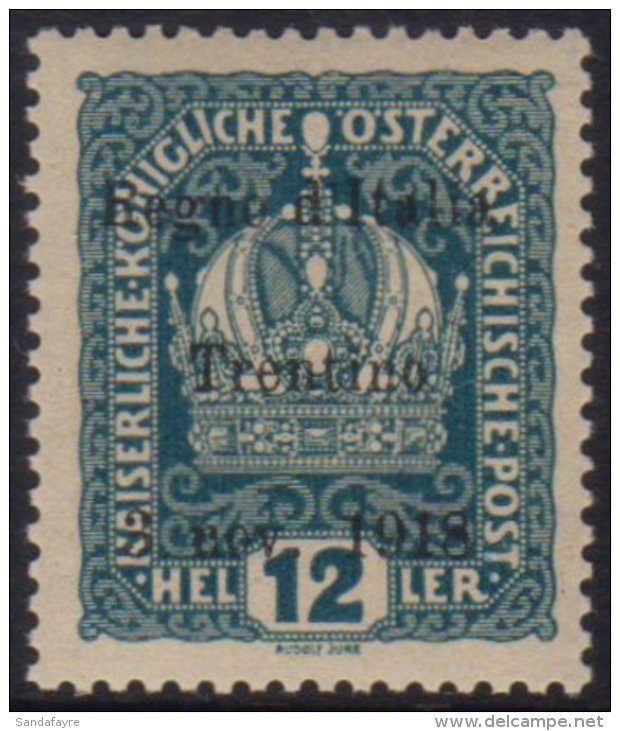 TRENTINO 1918 12h Blue-green Overprinted "Regno D'Italia Etc", Sass 5, Very Fine Never Hinged Mint. Signed Oliva.... - Non Classés