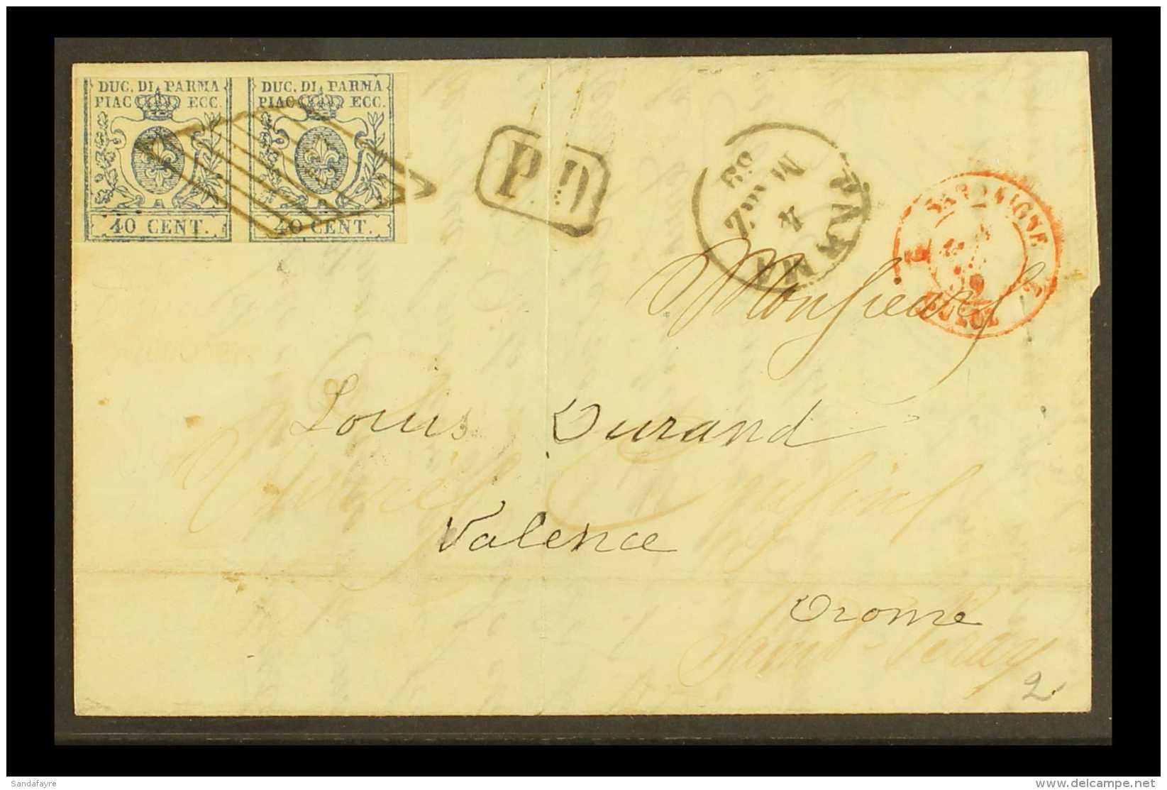 PARMA 1859 Cover To France Franked 40c Blue Horizontal Pair, Showing The Variety "Thin And Fat O In Pair", Sass... - Non Classificati