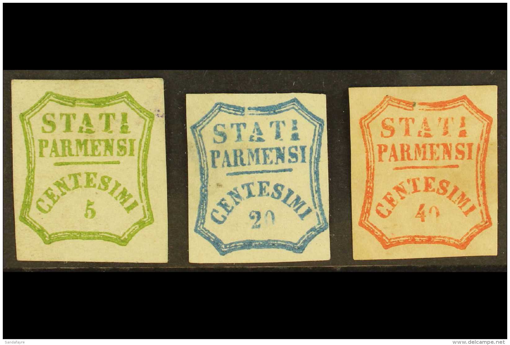 PARMA 1859 5c Yellow Green, 20c Blue And 40c  Vermilion, All Mint No Gum, Showing The Variety "line Through A T... - Non Classés