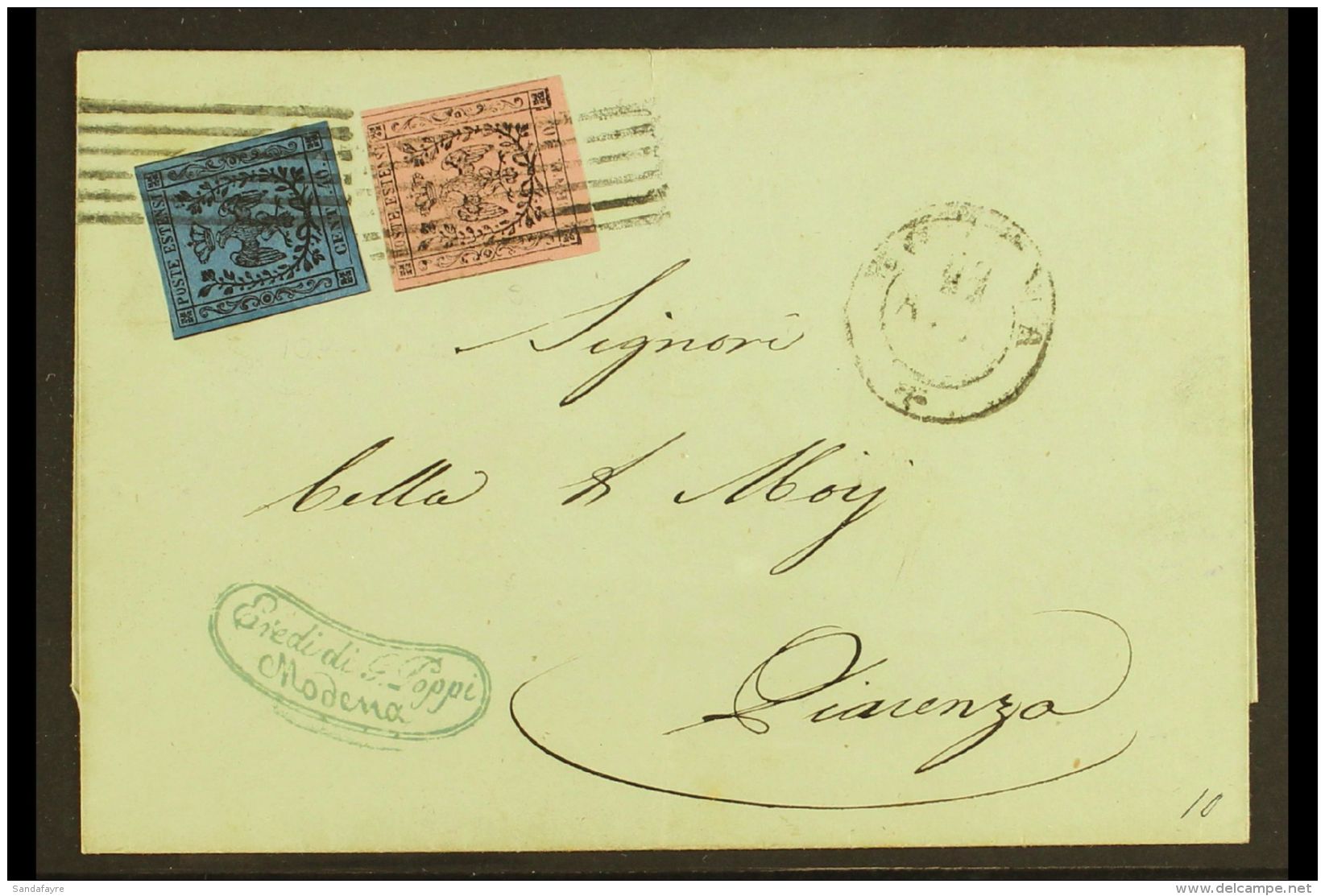 MODENA 1853 Cover To Piacenza Franked Modena 10c On Rose With Stop And 40c On Deep Blue With Stop (Sass 9 &amp;... - Non Classés