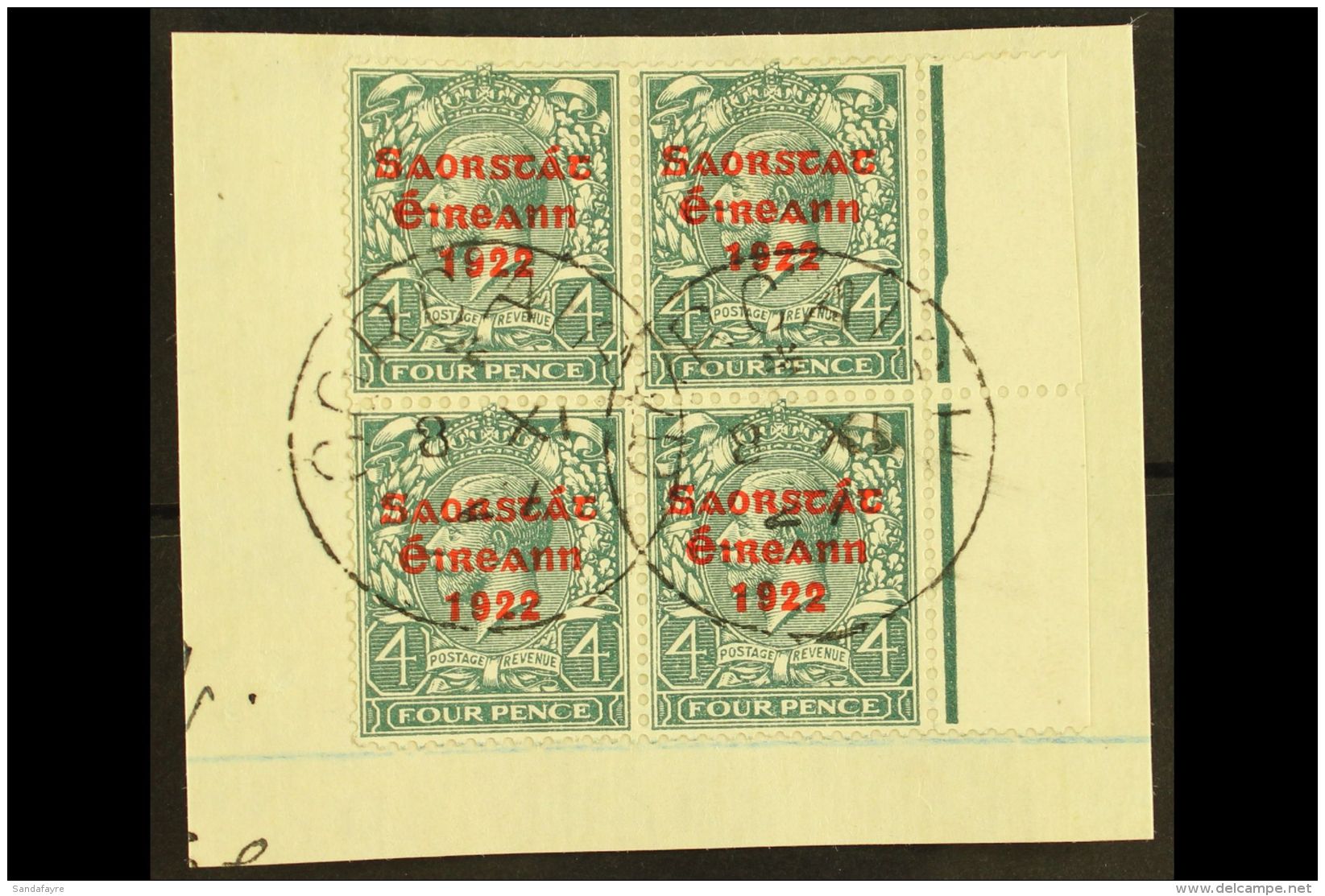 1922-23 SAORSTAT 4d Grey-green, Right Marginal Block Of Four, Showing NO ACCENT, SG 58a, On A Piece Tied By Cds's.... - Autres & Non Classés