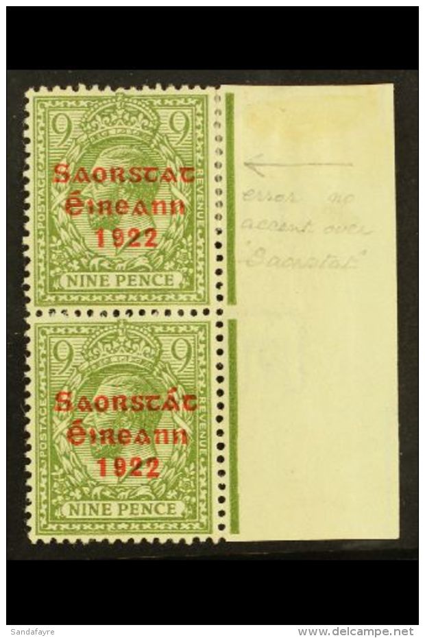 1922-23 9d Olive-green, SG 61, Fine Mint Vertical Marginal PAIR With One Stamp Showing NO ACCENT Variety (position... - Other & Unclassified