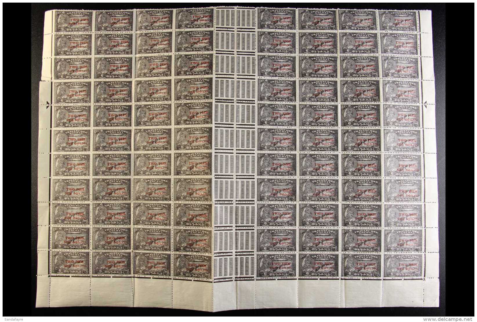 TRAVENCORE-COCHIN 1949 2p On 6ca Blackish Violet, Perf.12, Part Sheet Of 88 Stamps, With 11 Rows Of 8 Stamps With... - Altri & Non Classificati