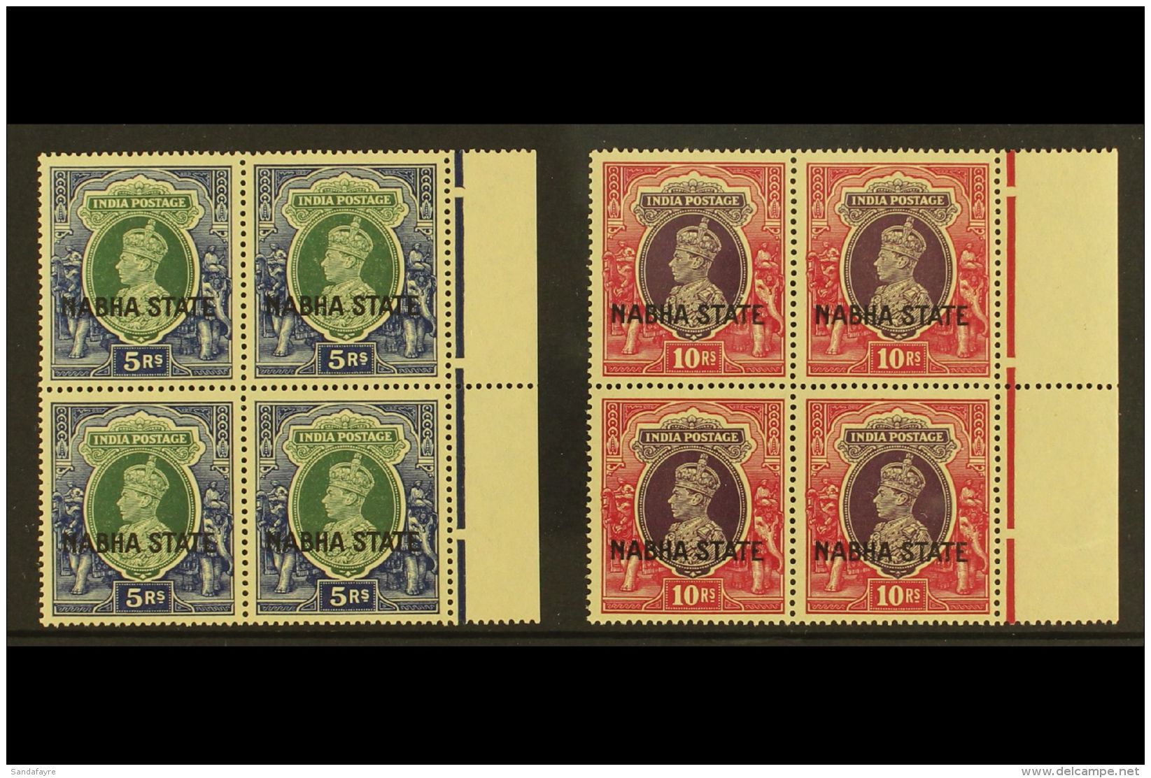 NABHA 1938 5r Green &amp; Blue &amp; 10r Purple &amp; Claret Marginal BLOCKS Of 4, SG 91/92, Never Hinged, Usual... - Sonstige & Ohne Zuordnung