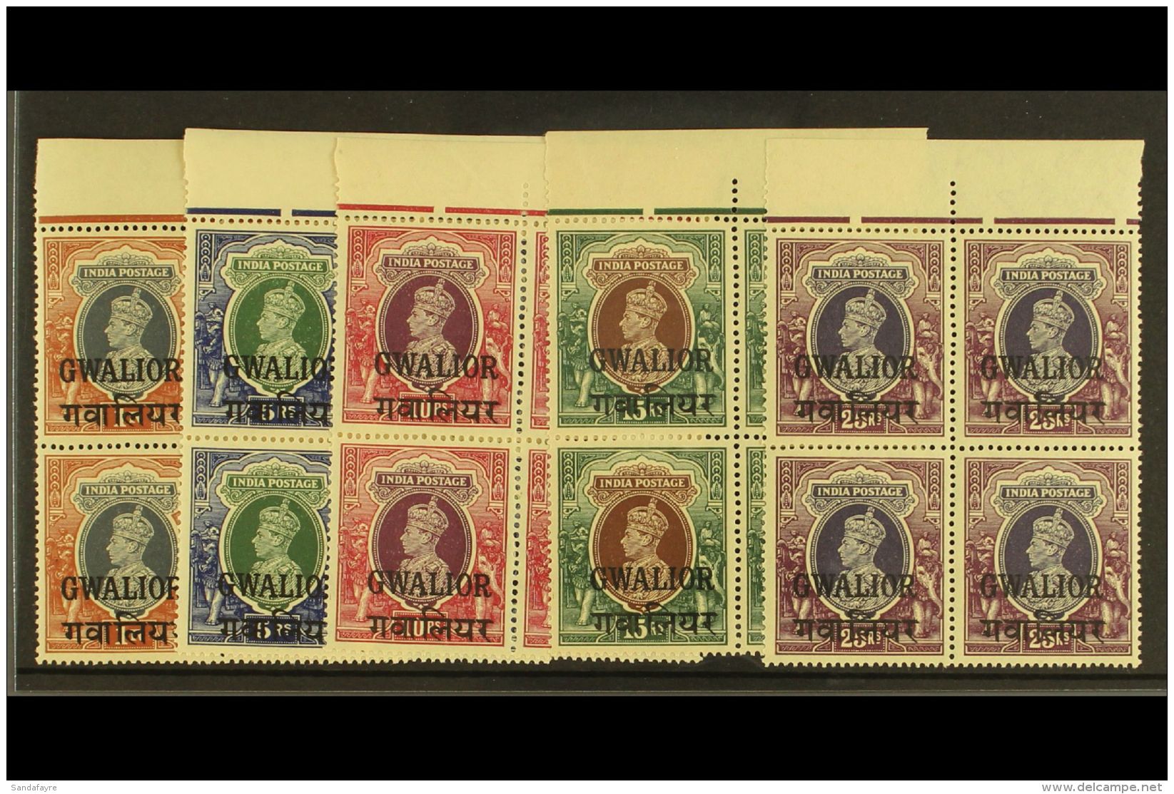 GWALIOR 1938-48 NEVER HINGED MINT KGVI High Value Marginal BLOCKS OF 4 Range To 25r Including 1r (SG 112) &amp; 5r... - Other & Unclassified