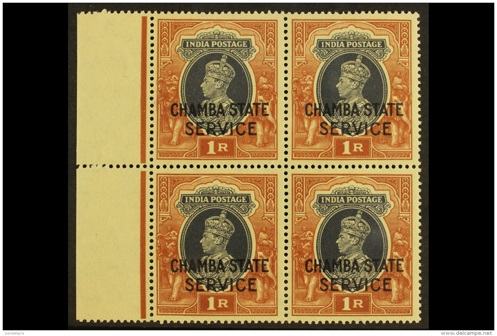 CHAMBA OFFICIALS. 1938-40 1r Grey &amp; Red Brown, SG O68, Never Hinged Mint Marginal Block Of 4, Very Lightly... - Other & Unclassified