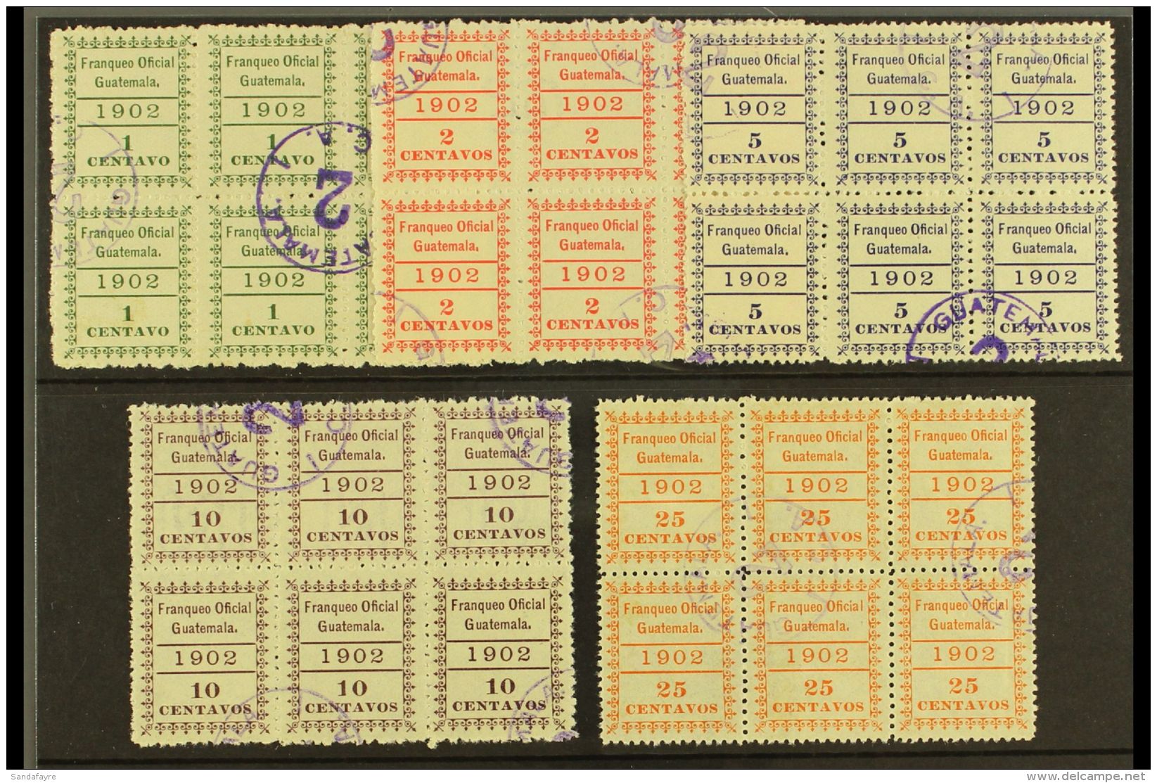OFFICIALS 1902 Set Complete, Scott O1/5, Each A Very Fine Used BLOCKS OF SIX, Some Stamps Showing Parts Of Sheet... - Guatemala