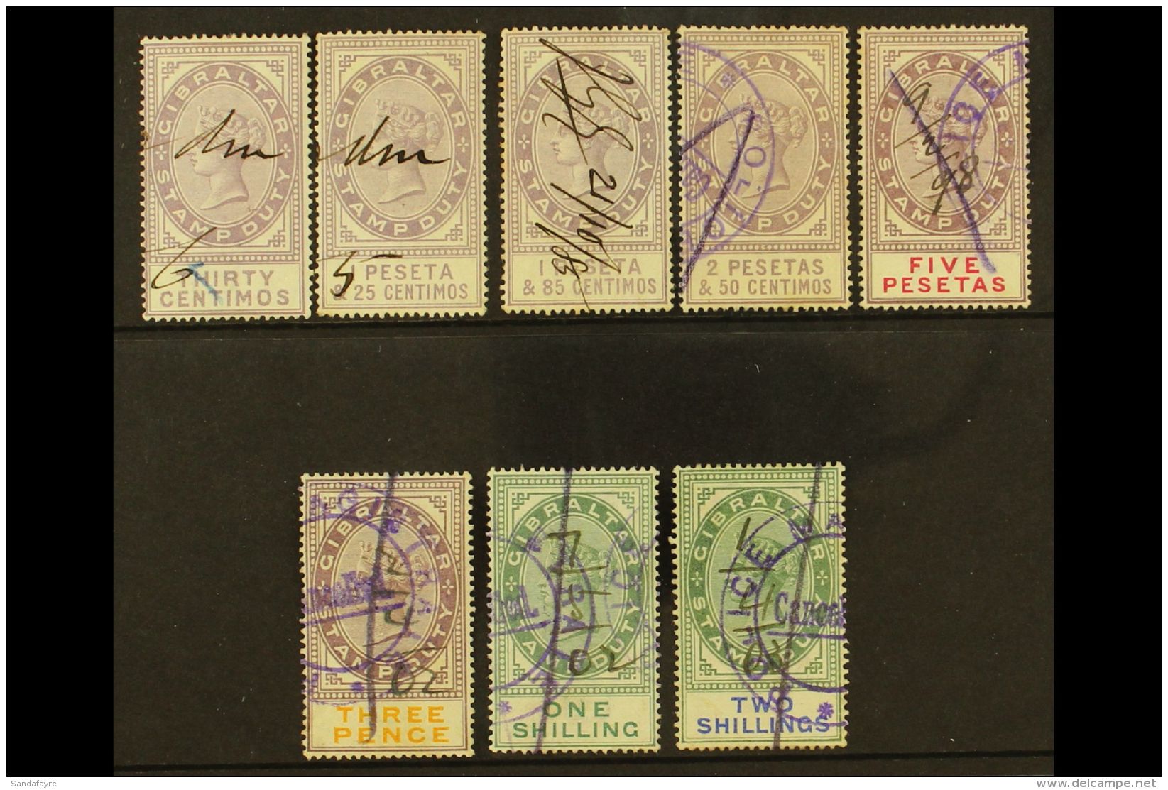 REVENUE STAMPS STAMP DUTY 1894 30c, 1p25, 1p85, 2p50 And 5p (Barefoot 1/2 &amp; 4/6); Plus 1898 3d, 1s And 2s... - Gibilterra