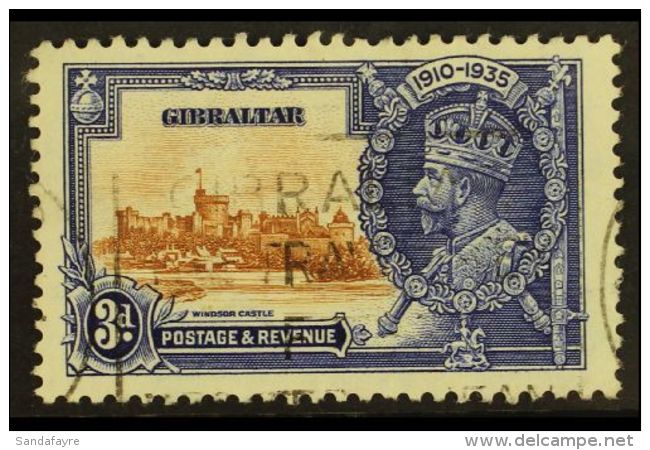 1935 3d Brown And Deep Blue Silver Jubilee, Variety "Short Extra Flagstaff", SG 115b, Fine Used With Cancellation... - Gibilterra