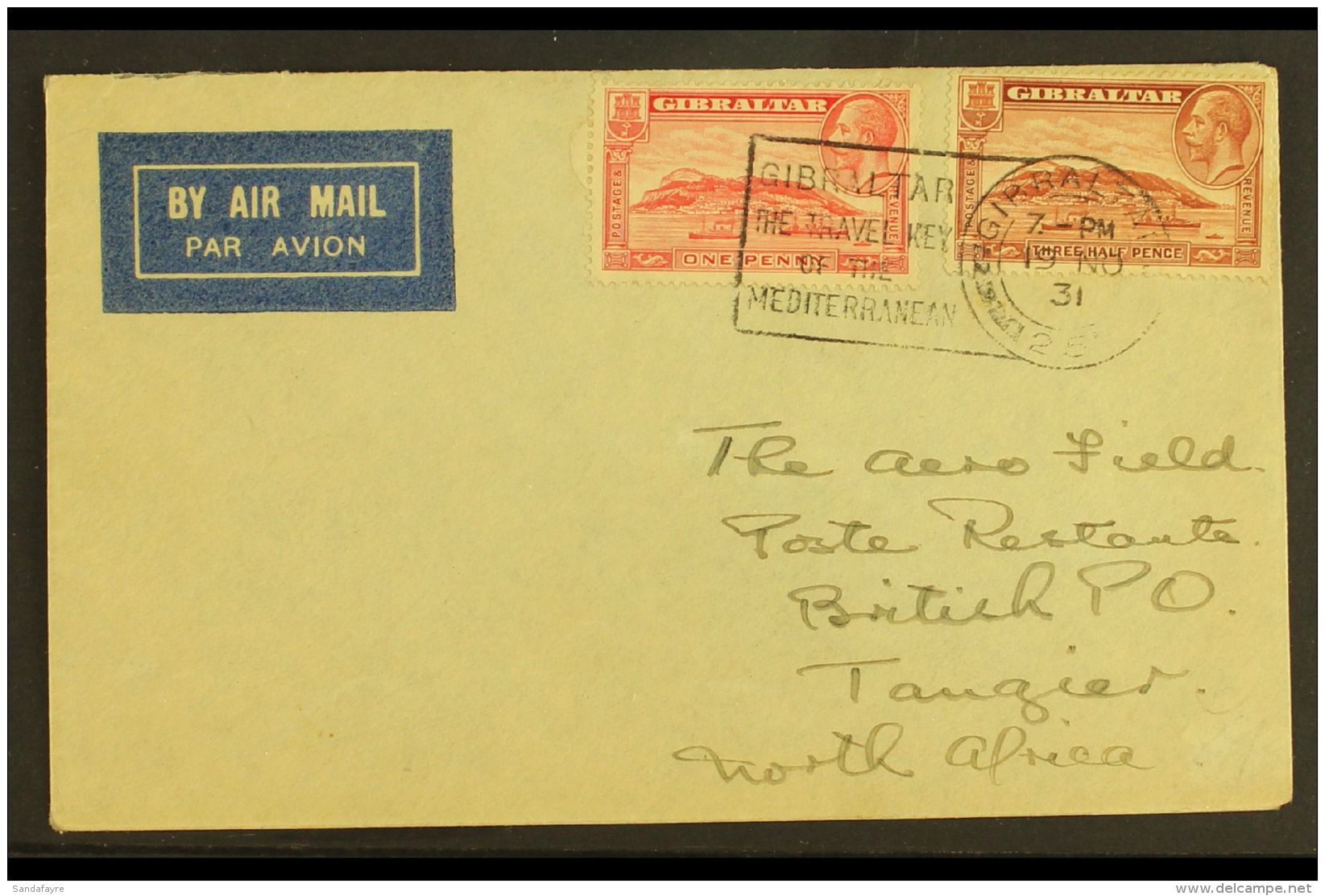 1931 (19 Nov) Airmail Cover Carried On The Second Flight From Gibraltar To Tangier On 20th November, Bearing 1d... - Gibilterra