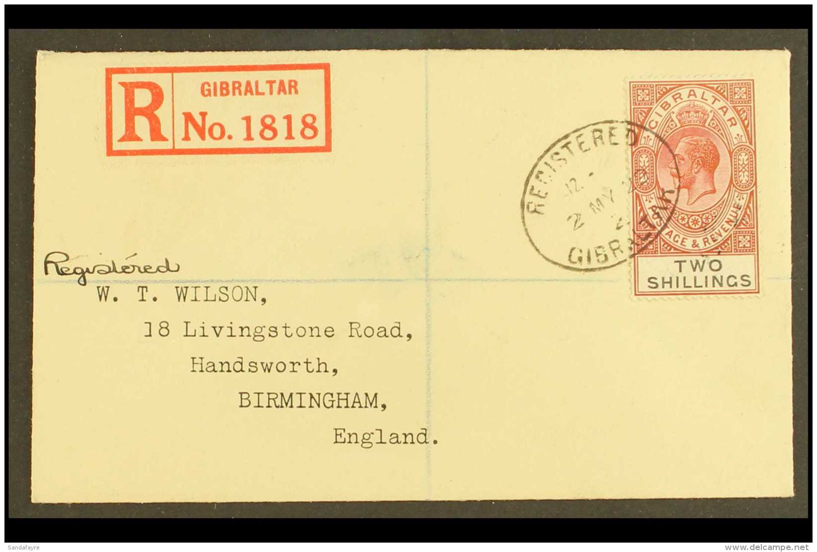 1929 (2 May) Neat Registered Cover To England Bearing KGV 2s Red-brown And Black, SG 103, Tied By Dated Registered... - Gibraltar