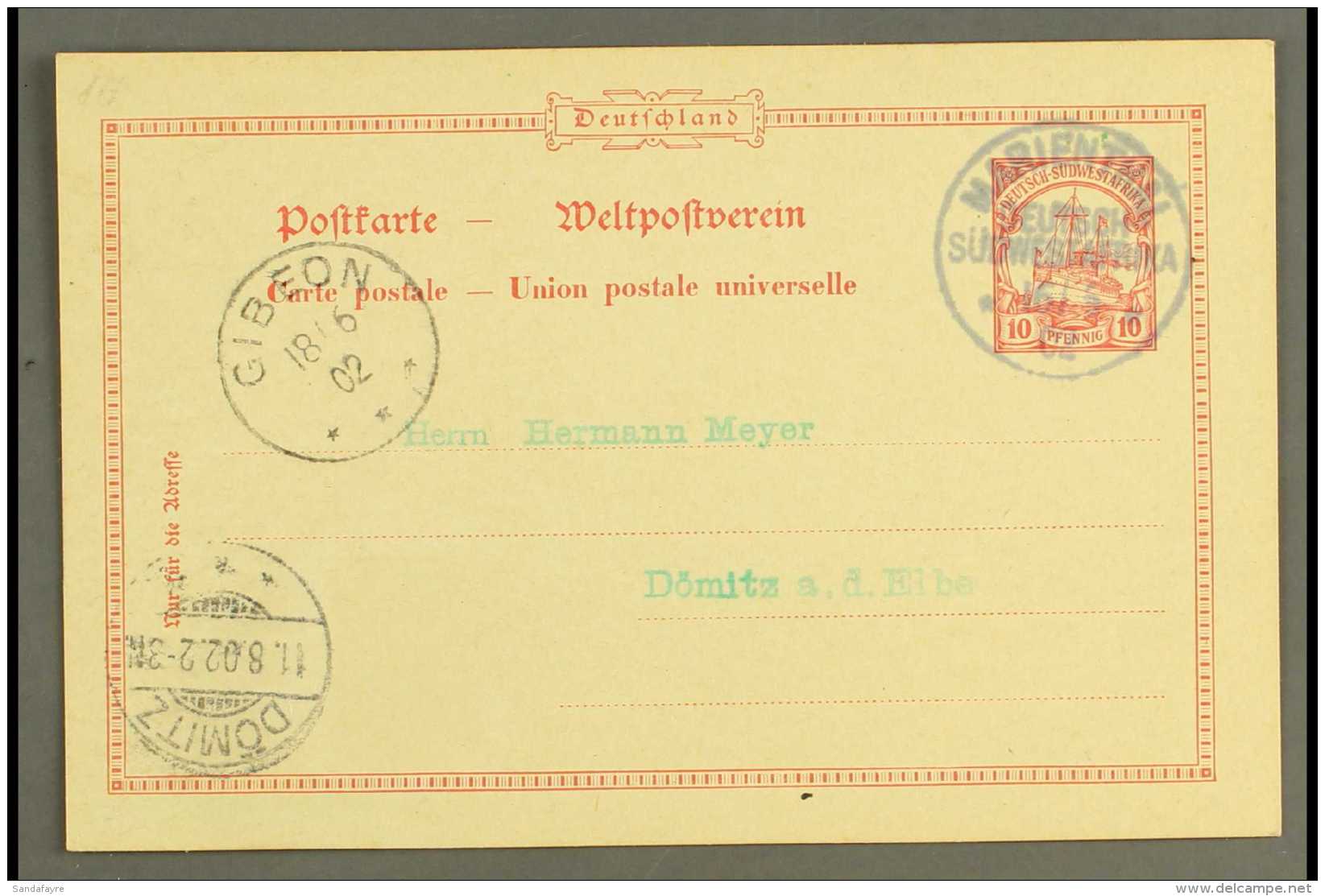 SOUTH WEST AFRICA 1902 (16 Jun) 10pf Yacht Postal Stationery Card To Germany Cancelled By Fine "MARIENTAL" Cds... - Altri & Non Classificati