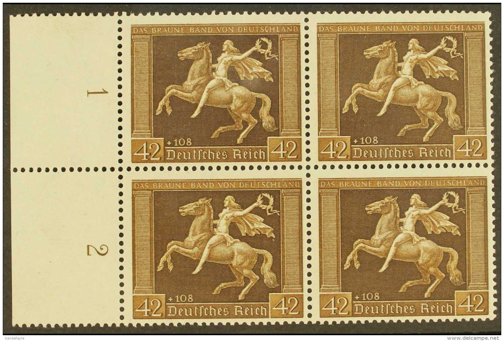 1938 42pf Brown Brown Ribbon (Michel 671y, SG 659), Superb Mint (three Stamps Are Never Hinged) Left Marginal... - Altri & Non Classificati