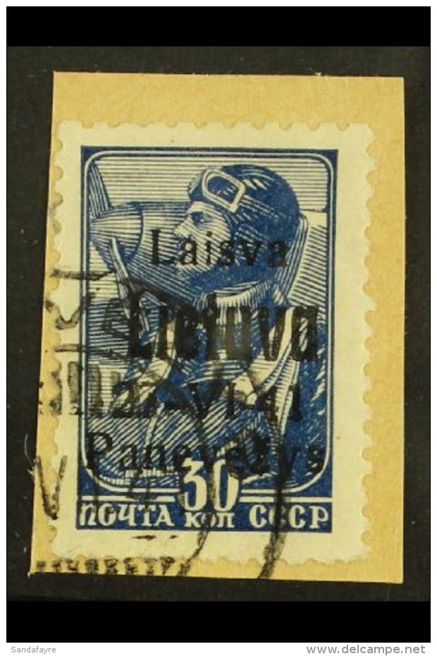 LITHUANIA. PONEWESCH 1941 30k Blue With Black Overprint, Michel 8b, Very Fine Used Tied To Small Piece. Signed... - Sonstige & Ohne Zuordnung