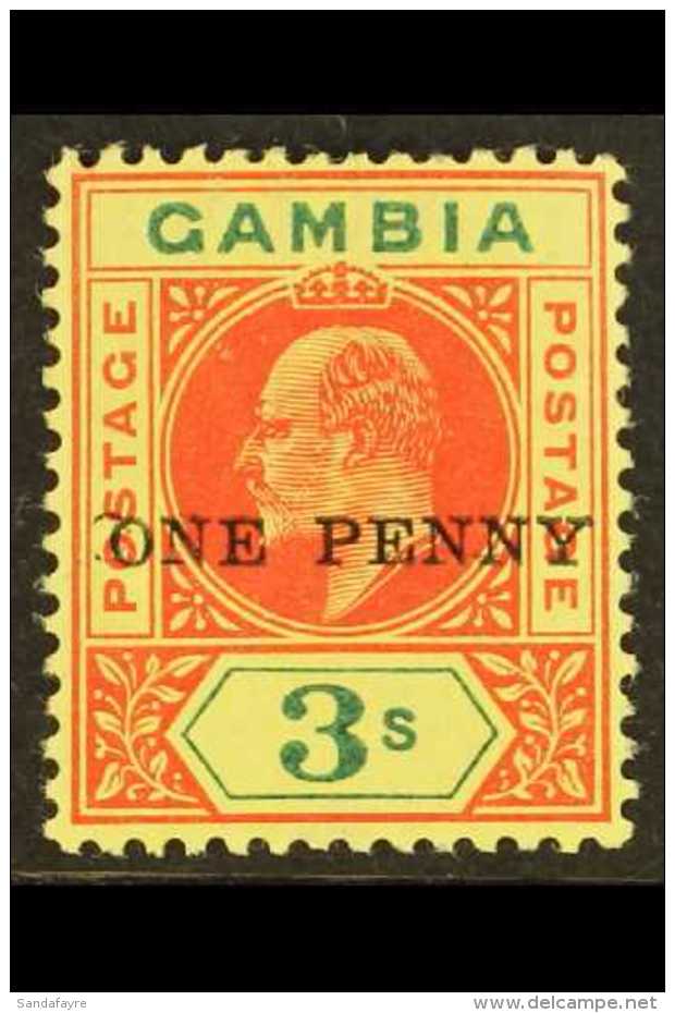 1906 1d On 3s Carmine And Green/yellow, SG 70, Very Fine Mint. For More Images, Please Visit... - Gambia (...-1964)